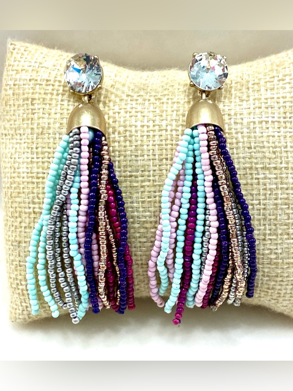 J.Crew Crystal Beaded Tassel Streamer Earrings Multicolor Seed Bead Fringe Drop 